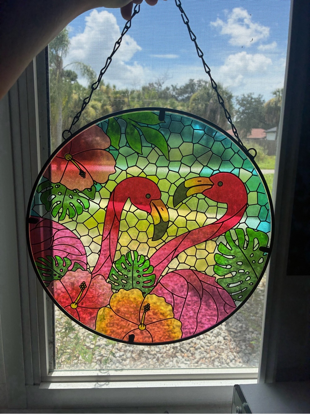 Vibrant Flamingo Stained Glass I Suncatcher - Pink & Green - Tropical